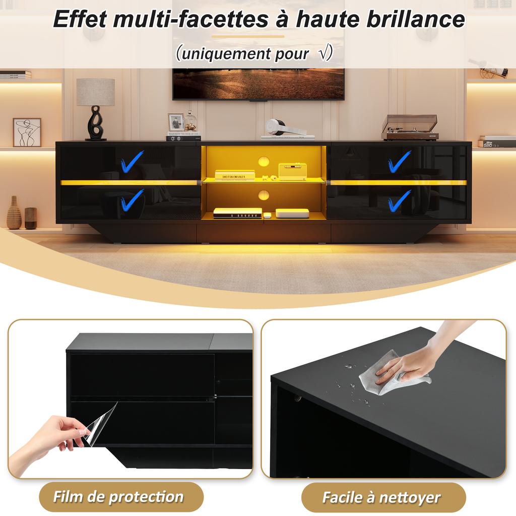 160*35*44.5cm Έπιπλο TV δαπέδου, χαμηλό έπιπλο, 2 πόρτες, γυαλιστερό, φώτα LED, βάση TV, κατάλληλο για τηλεοράσεις 65 ιντσών, μαύρο