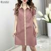 ZANZEA Women Splice Turn Down Collar Casual Short Sleeve Shirt Dress