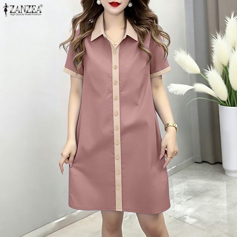 ZANZEA Women Splice Turn Down Collar Casual Short Sleeve Shirt Dress