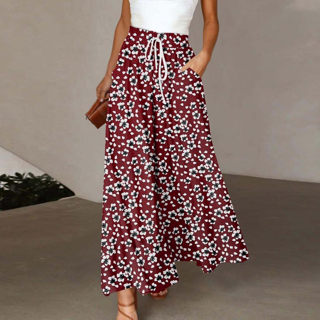 Damenhose mit hoher Taille und weitem Bein, Sommer, lässig, fließend, mit Tasche, weitem Bein, bedruckt, Strandhose