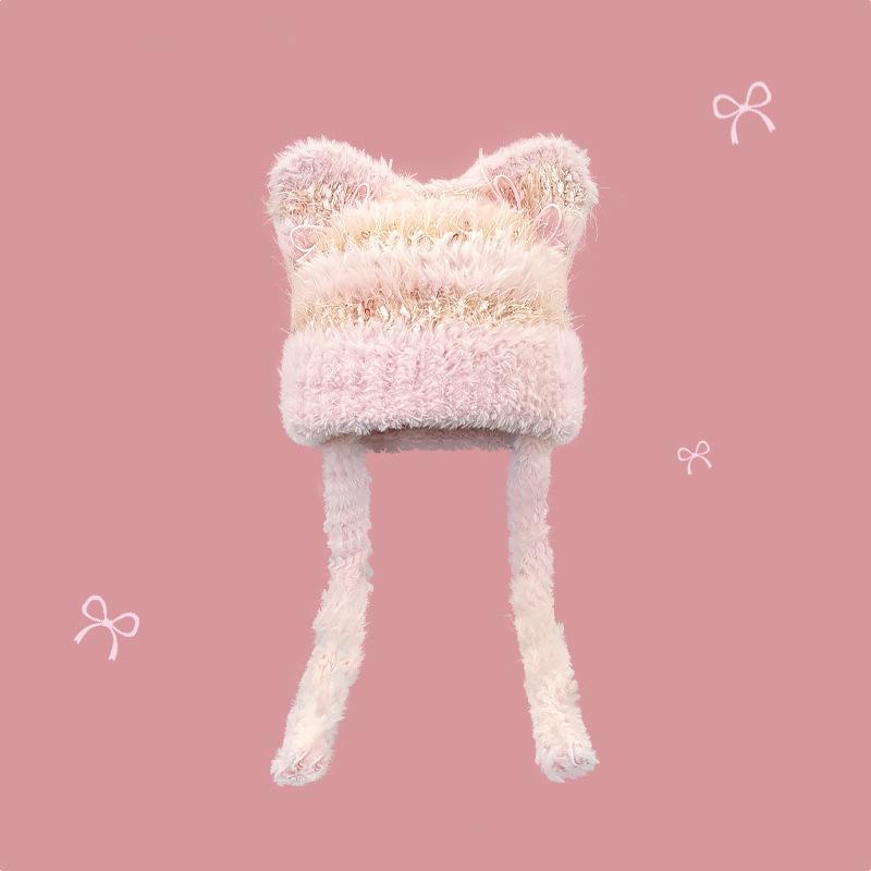 Hat Women's New Autumn and Winter Cute Plush Cat Ears Hat Warm Ear Protection Big Head Circumference Tide