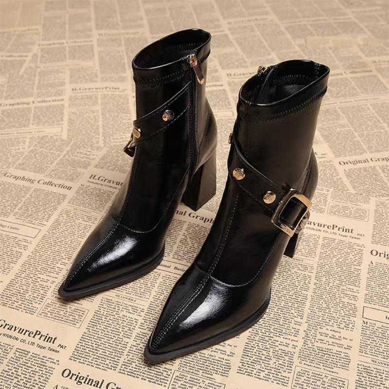 Pointed Toe Women High Heels Ankle Boots Elegant Leather Shoes Winter Chelsea Boots Chunky Dress Pumps Fashion Short Botas