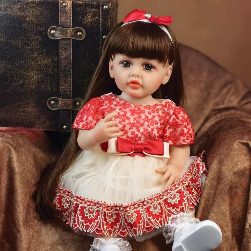 Lifelike Reborn Baby Dolls 22 Inch Realistic Newborn Girl Doll with Brown Long Hair Best Birthday Set for Girls Birthday XAMS Easter Gift