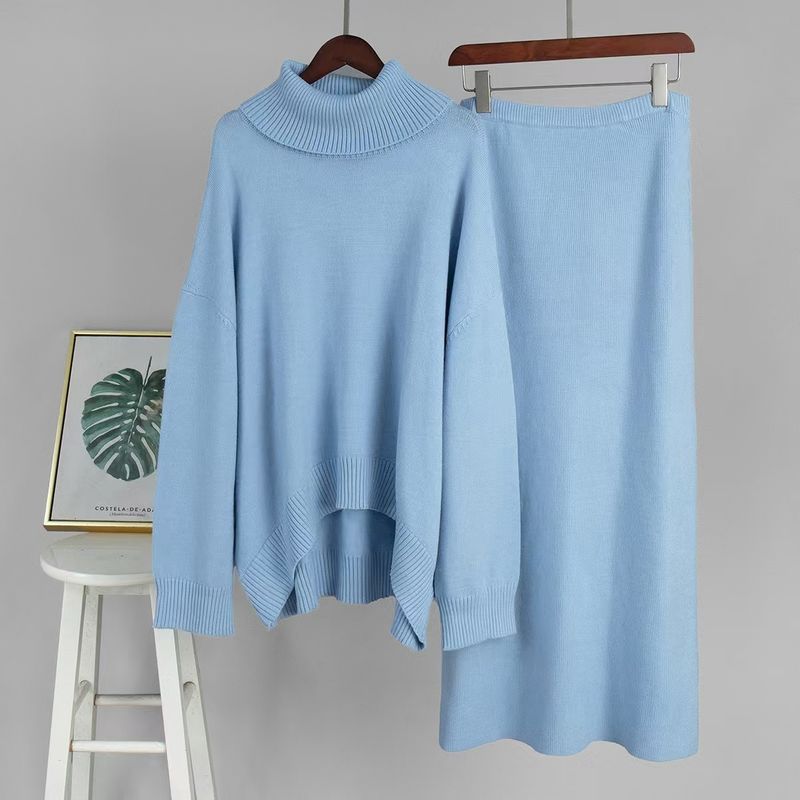 

Fashion New Arrival Knitting Loose Turtleneck Sweater Skirt Suit Knited Sweater Skirt Set Blue S