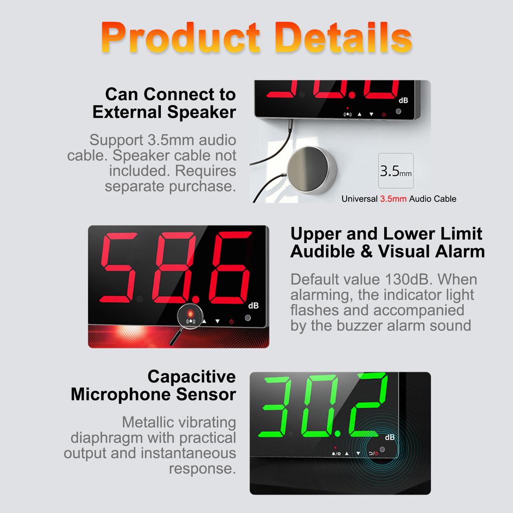 Wall Mount Decibel Meter, 3.0  LED Noise Meter for Home, Factory, Classroom, 30 130dB Sound Level Meter with Alarm, A