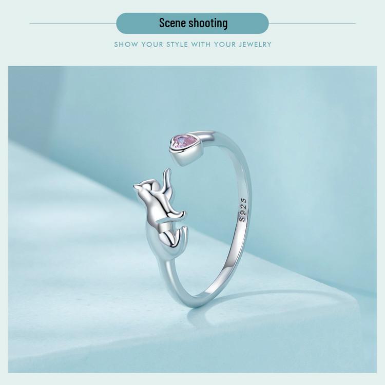 Adjustable Platinum-Plated S925 Sterling Silver Naughty Cat Ring