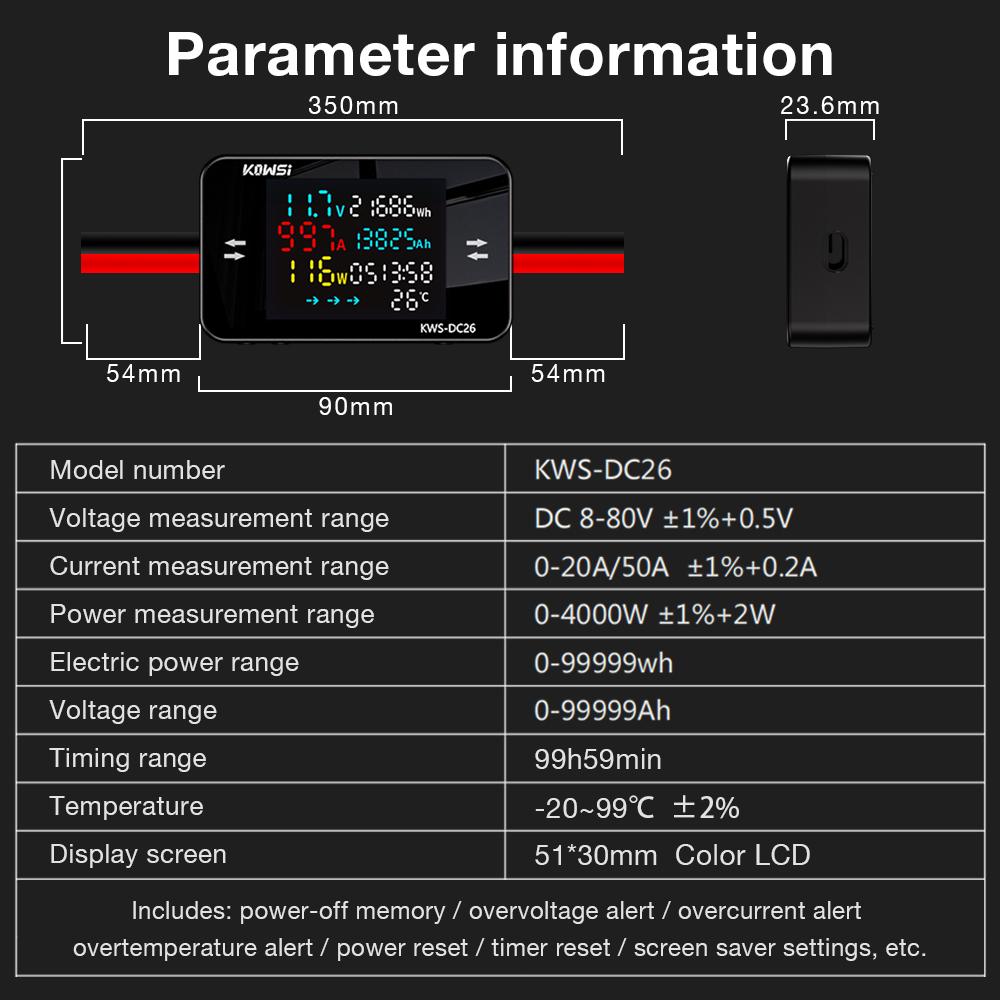 Electric Energy Power Meter KWS-DC26 DC8-80V Voltage Tester LED Voltmeter Ammeter Battery Charging Detector XT60 XT90 Plug