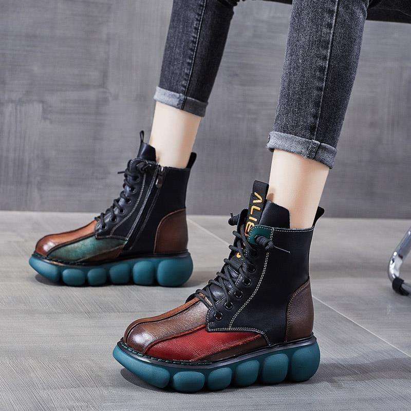 Genuine Leather Mixed Colors Shoes Women Boots 2022 Newest Autumn Winter Round Toe Zip Retro Handmade Leisure Ankle Boots 35