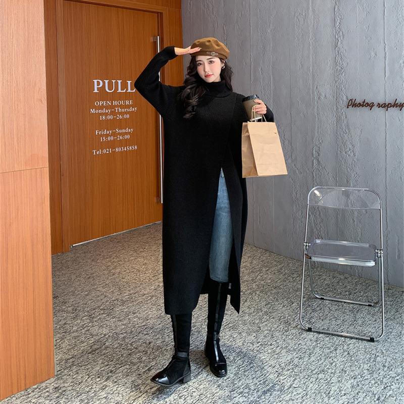 Autumn Winter Women Knitted Pullover Long Dresses High Necked Split Loose Sweater Dress Casual Temperament Women Clothes