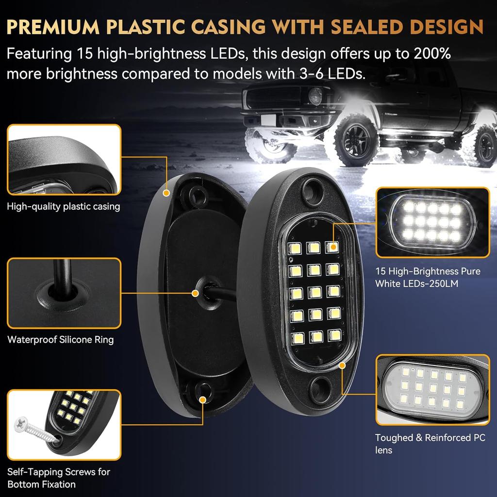 8Pods Pure White LED Rock Lights Kit with Switch Wiring Harness Extension Wire, 6500K 15LEDs Neon Underglow Light Waterproof Fender Lights for Car