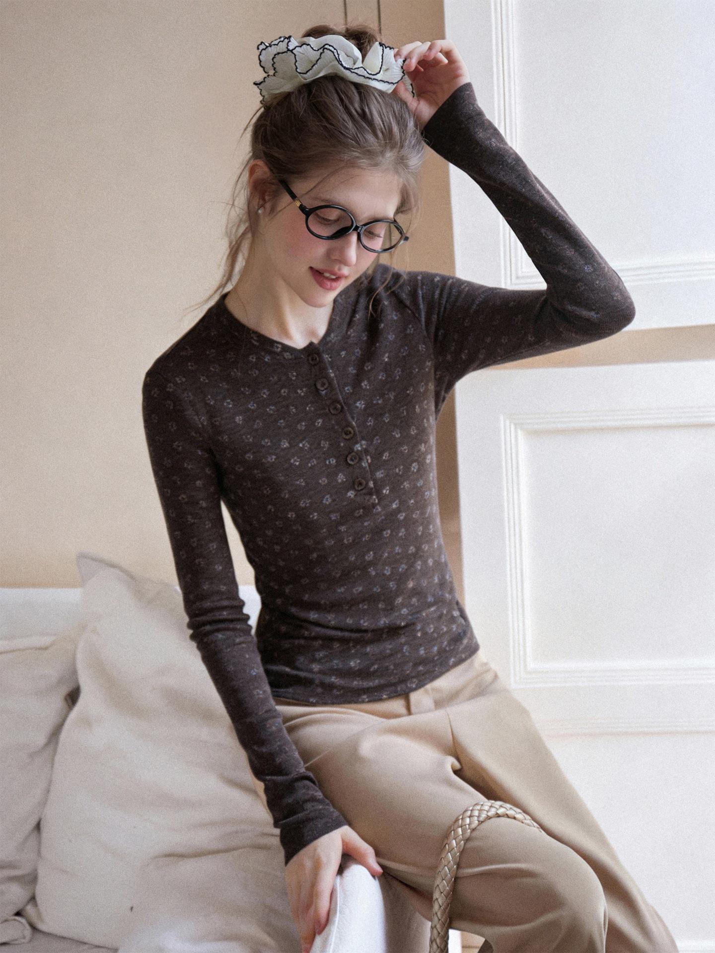 Women s Floral Brushed Cotton Henley Long-Sleeve Slim Fit Top Small бежевый