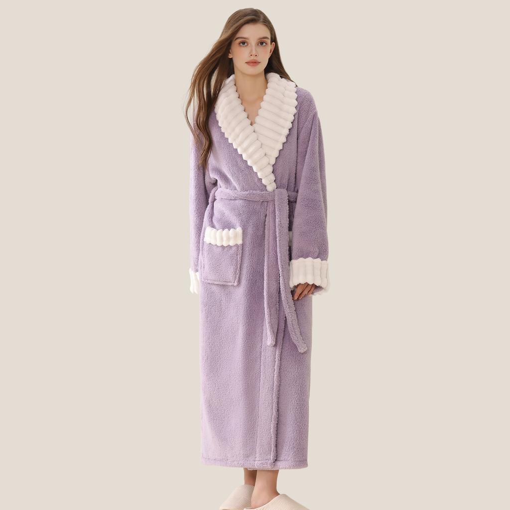 Women's Autumn and Winter Long Bathrobe Plus Velvet Thick Warm Home Wear
