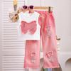 Kindermode Anzug Sommer Mädchen Ärmelloses Top mit Applikation und Schleife Zerrissene Jeanshose Zweiteiliger Anzug