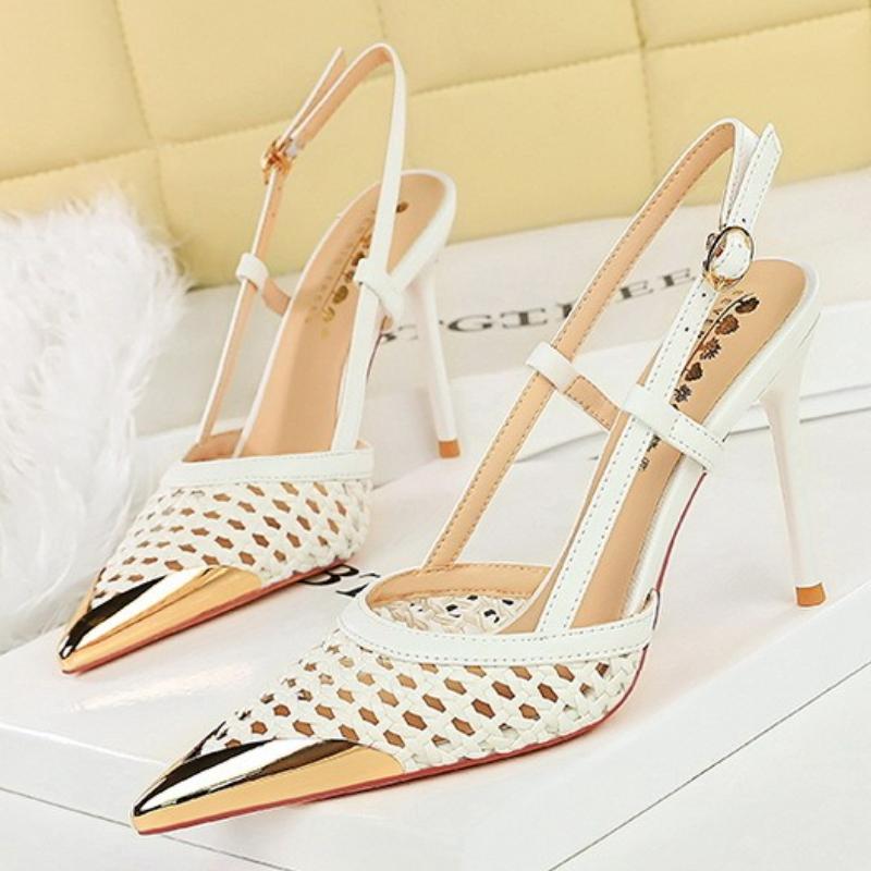 Fashion Luxury Brand High Heels Women Sandals Mesh Embroider Elegant Pointed Ladies Slingback Evening Party Wedding Bridal Dress Shoes