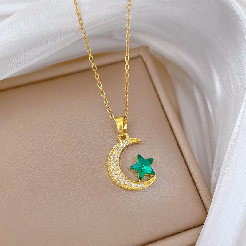 Titanium Steel, Blue Star Moon Light Luxury Temperament Gorgeous Full Diamond Necklace Women'S Versatile Collarbone Chain Titanium Steel Chain