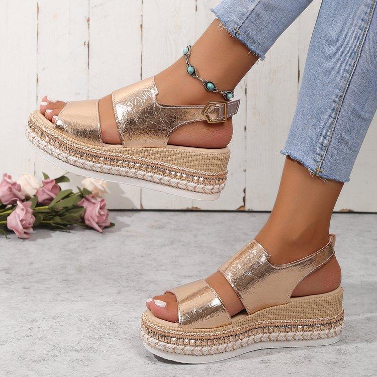 Sandali Estivi Nuovi con Fibbia e Tacco a Zeppa Scarpe Bocca di Pesce Taglia Grande Moda Punta Tonda Calzature Comode con Fondo Spesso