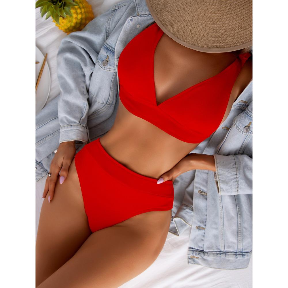 European and American High-waisted Bikini Small Pit Strip Swimsuit Women's Solid Color Sexy Split Swimsuit
