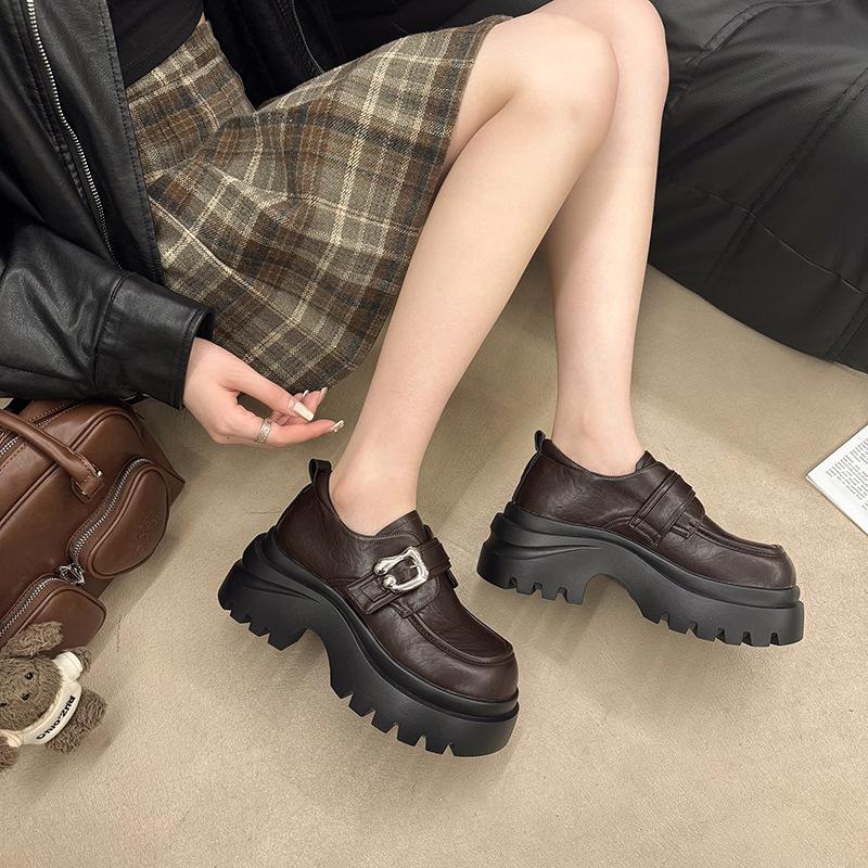 Round Head Heightening Metal Buckle with Loafers, Home Small Leather Shoes, Four Seasons Academic Retro Thick-soled Commuter Women's Single Shoes