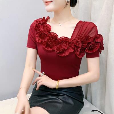 Magliette Estive in Cotone da Donna Chic con Scollo Obliquo Volant con Fiori 3D Slim Moda Ufficio Femminile Casual Elastiche Top Blusa