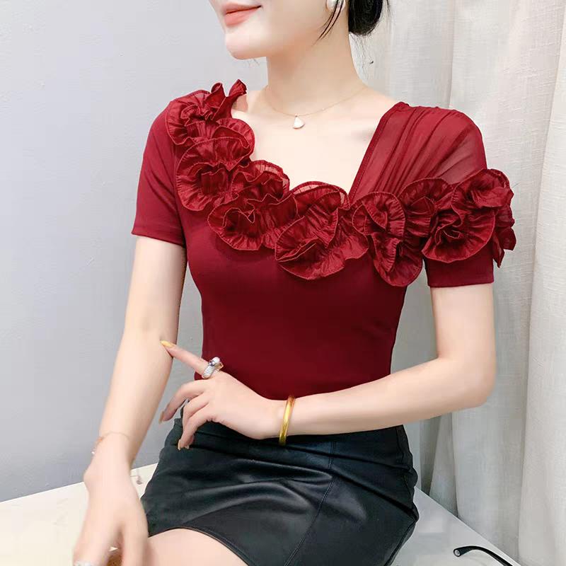

Летние хлопковые женские футболки Шикарный косой вырез 3D цветок оборки Приталенная футболка Мода Офис Женская Повседневная Эластичный топ Блузка 3XL красный