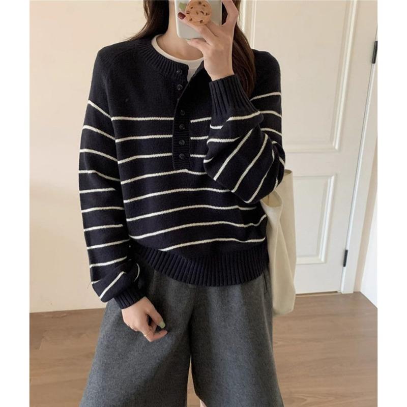 Striped pullover sweater women's autumn and winter new round neck casual versatile bottoming knitted sweater