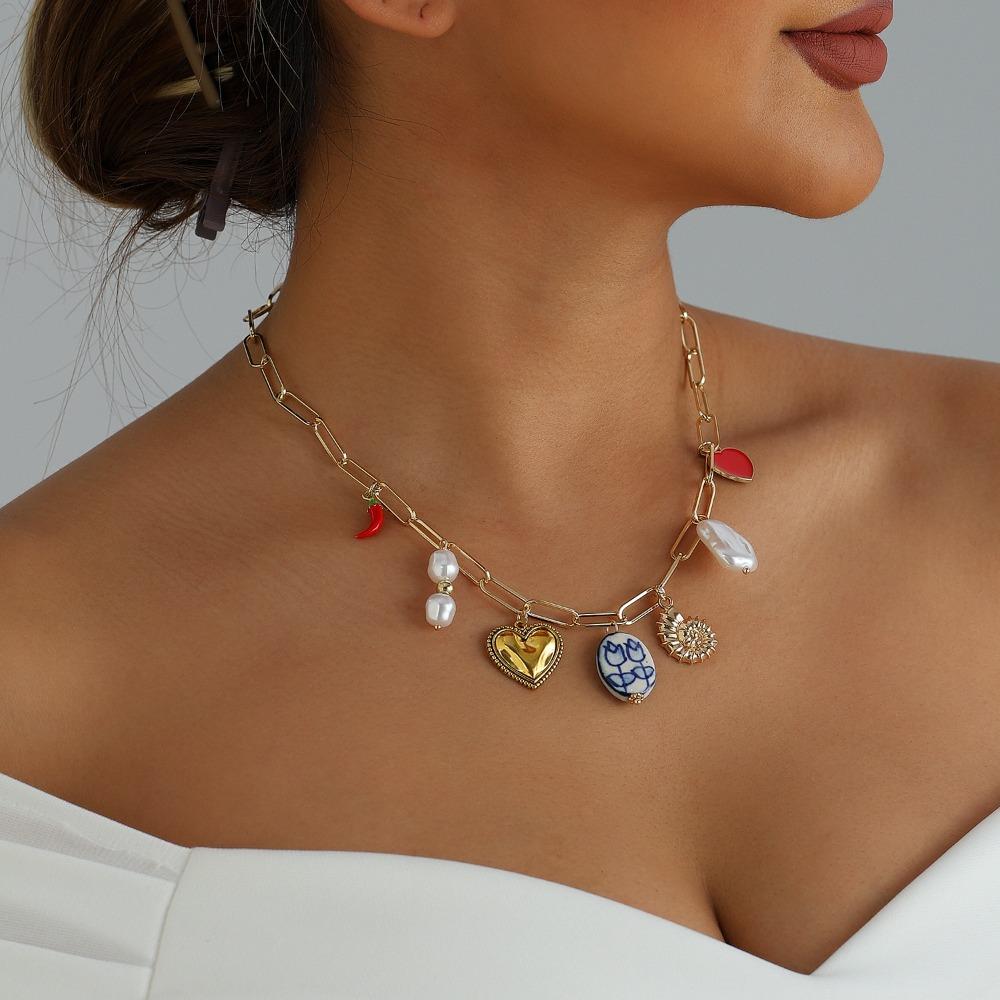 Retro Temperament Baroque Pearl Chili Heart Sun Enamel Pendant Choker Multi‑Charm Paperclip Link Necklace for Women Jewelry Gift