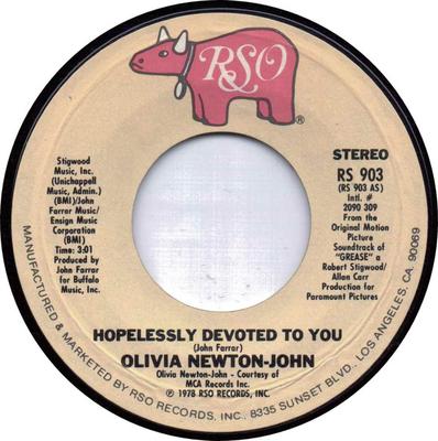 7palcová deska OLIVIA NEWTON-JOHN / NEZNÁMÝ UMĚLEC - Hopelessly Devoted To You / Love Is RS903 RSO 1978 US Rock Použitá