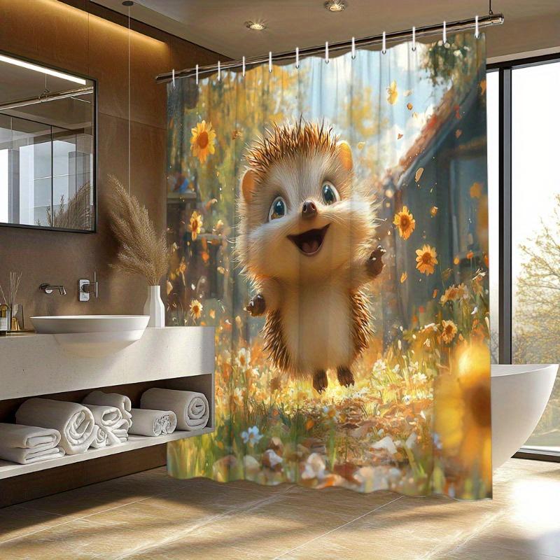 Joyful Hedgehog Shower Curtain - Whimsical Meadow Design, Daisies, Autumn Trees & Village Scene, Polyester, Warm Bathroom Decor