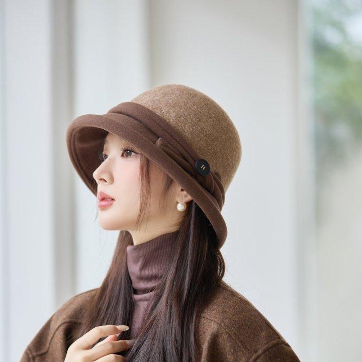 Woolen Bucket Hat Women's Autumn and Winter Fashion Warm Elegant British Retro Basin Hat Top Hat