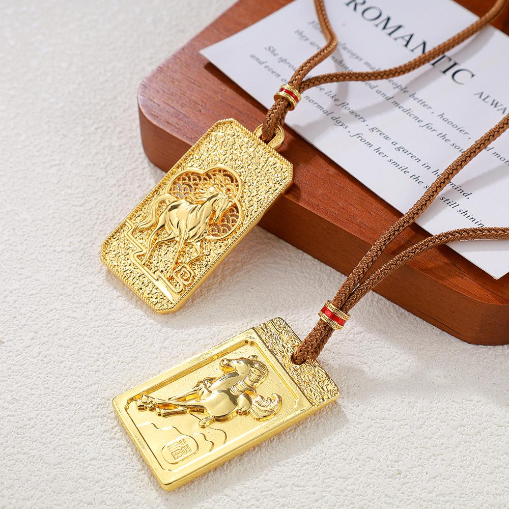 Gold Zodiac Horse Pendant - Auspicious Clouds Foal Unisex Square Accessory