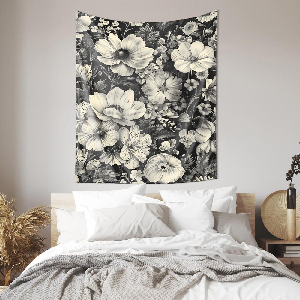 Elegant Black  White Flower Tapestry Living Room Wall Art Decor