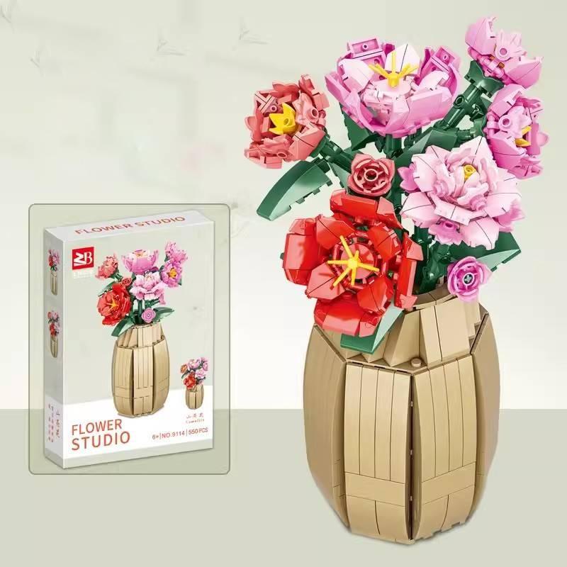 Blocks Building Puzzle Flower Peach Blossom Rose Cherry Blossom Kid Toy Model