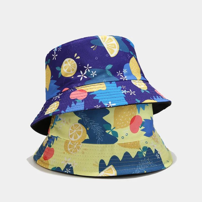 Summer Fruit Print Double-Sided Wearing Bucket Hats For Women Men Colorful Pineapple Lemon Panama Fisherman Caps Outdoor Sun Hat