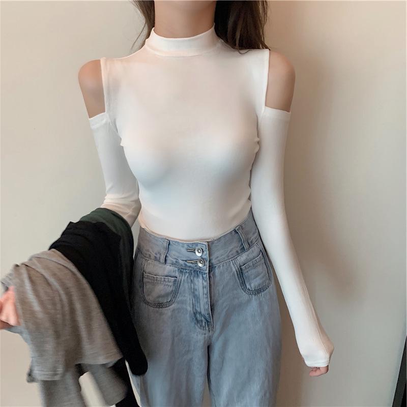 Autumn Korean Style Women's Off-Shoulder Long Sleeve T-Shirt - Trendy, Sexy, Slim Fit Cotton Top