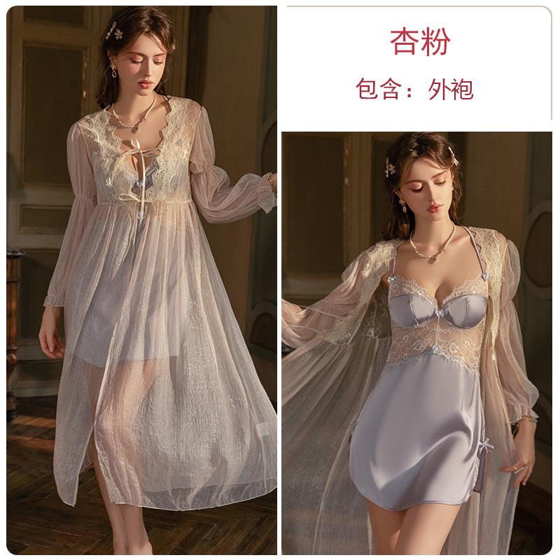 Women's Satin Lace Sheer Low Cut Push Up Padded Sleep Dress with Robe Lounge Set