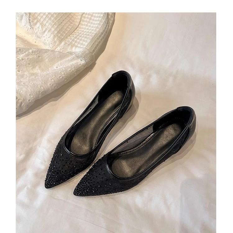 Mesh pointed inner height increase shallow mouth single shoes 2025 spring and summer new versatile rhinestone breathable fashion sandals flat shoes