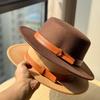New French Double Belt Buckle Woolen Hat Flat Top Hat for Women Autumn and Winter British Retro Style Wide Brim Felt Hat