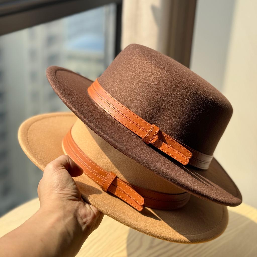 New French Double Belt Buckle Woolen Hat Flat Top Hat for Women Autumn and Winter British Retro Style Wide Brim Felt Hat