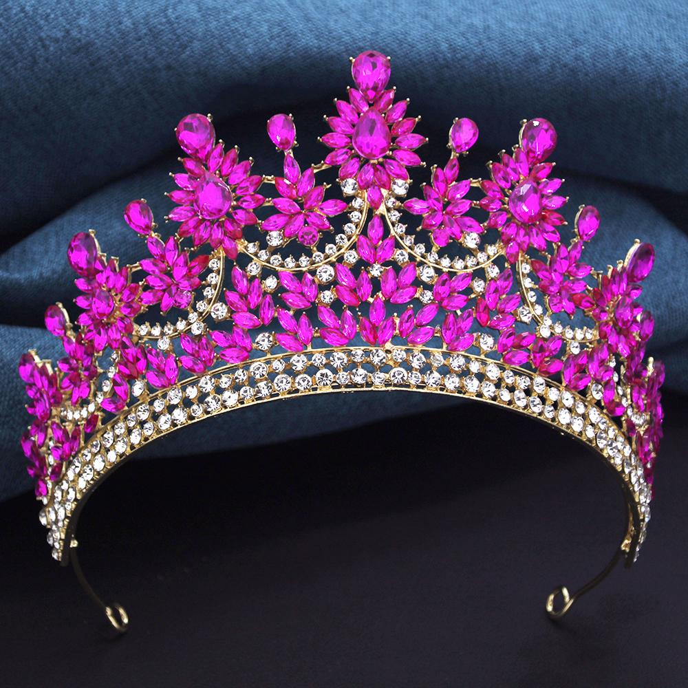 Luxury Rose Red Crystal Tiaras and Crowns for Bride Wedding Crown Headdress Princess Queen Birthday Prom Hair Jewelry Pageant