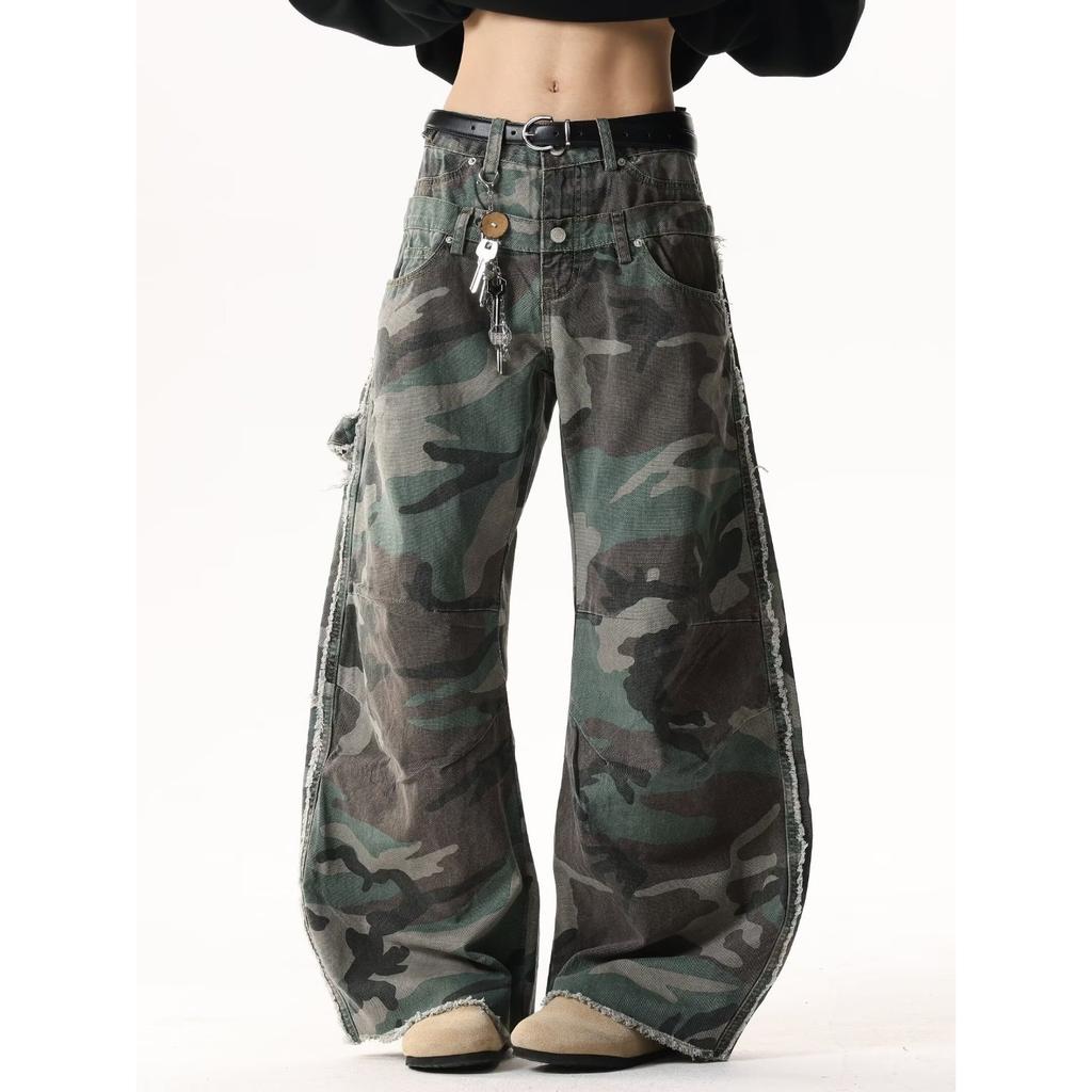 Jeans utility mimetici da strada americani per uomo e donna, vintage vintage con molte tasche, stile gamba larga larga larga lavato loose