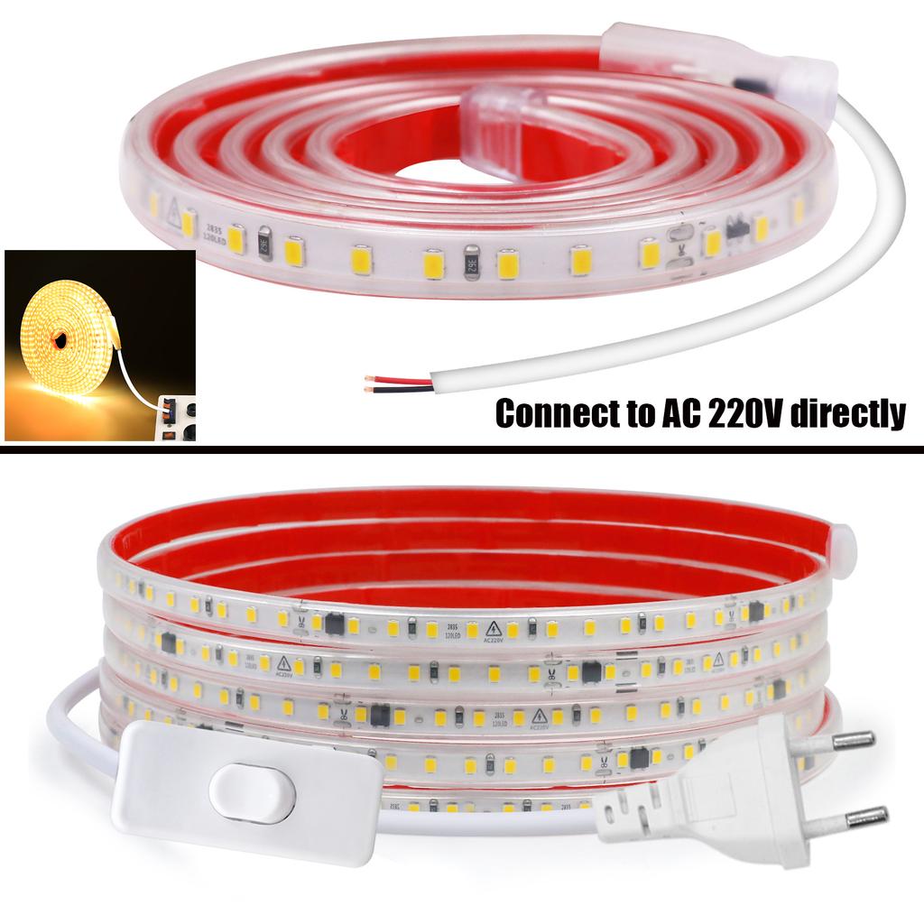 AC 220V Waterproof LED Strip Light 2835 SMD 120 LEDs M Self Adhesive Flexible Ribbon Tape White 3000K 4000K 6000K