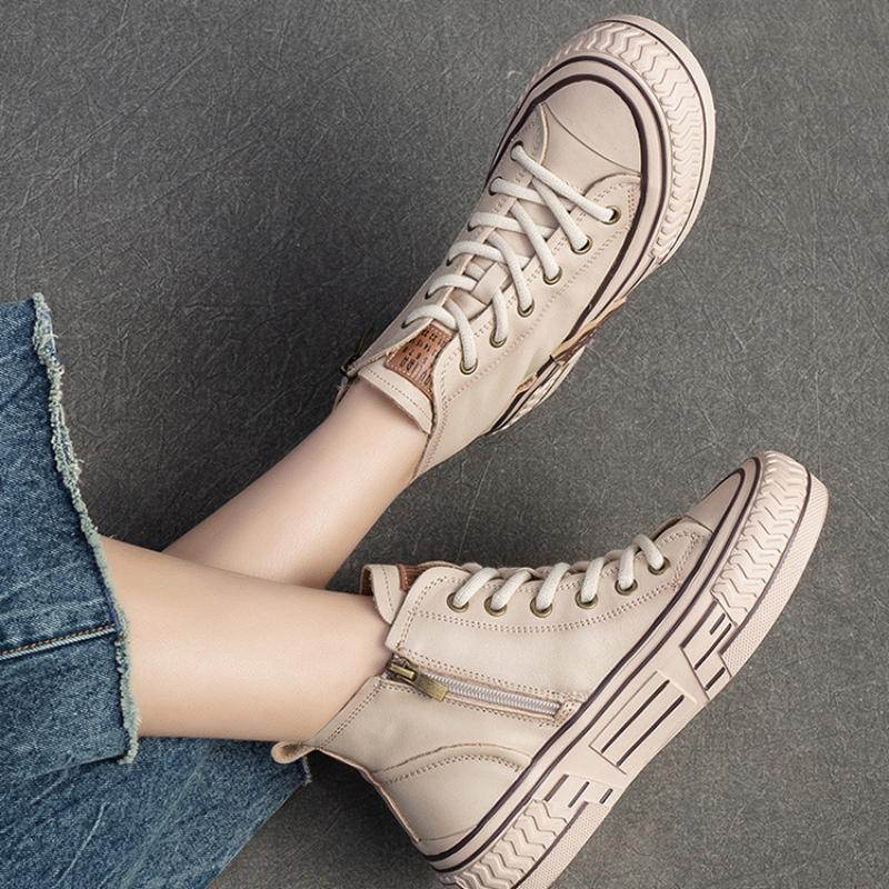Johnature Spring Genuine Leather Women Flat Shoes Lace-up Handmade Leisure Comfortable Thick Soled Shoes