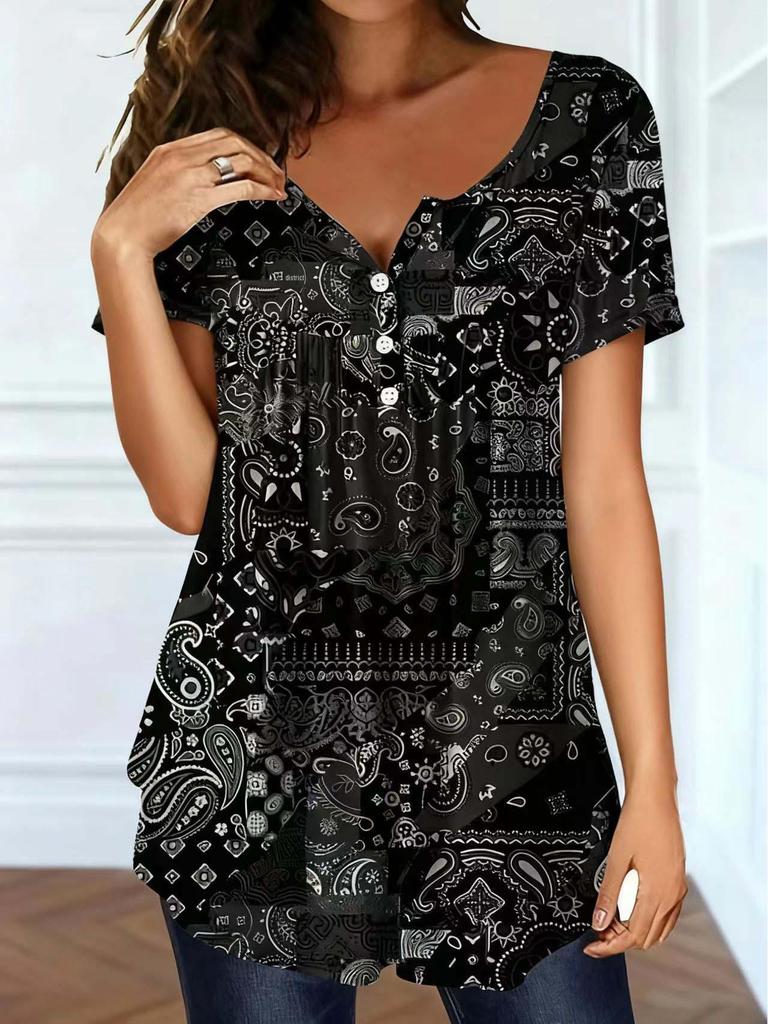 Elegant Paisley V-Neck Plus Size Top for Women - Spring/Summer