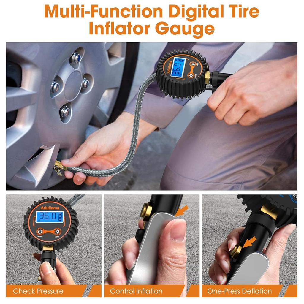 Digital Tire Pressure Gauge With Inflator, 250 PSI Heavy Duty Air Chuck Air Compressor Attachments, Improved Leaks Protection & Stainless Braided