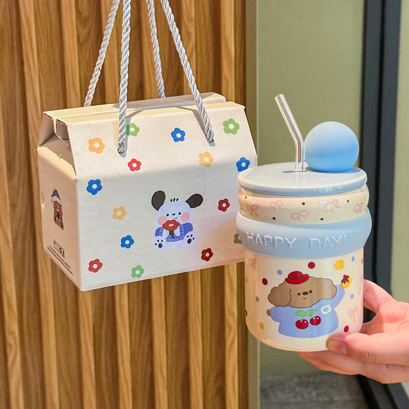 Graduation Gift for Boys and Girls, High-value Mug, Cute Puppy Straw Cup, Children's Practical Souvenir Gift Box