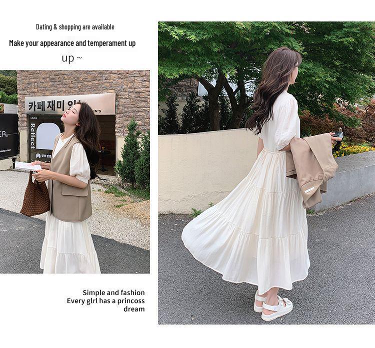 Elegant Summer 2026 White Pleated Retro Vest & Dress Set for Women