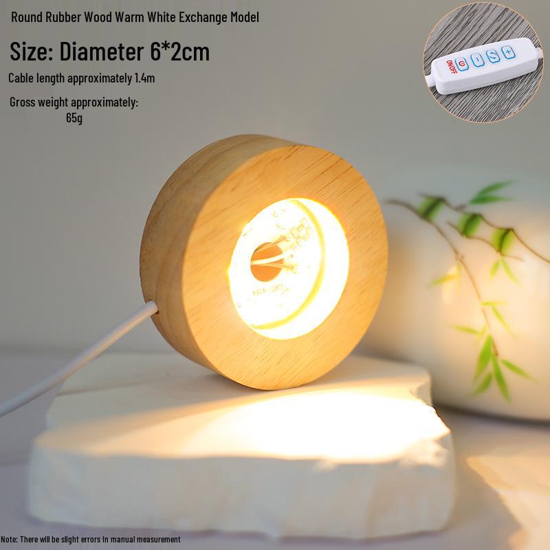 Round LED Night Light with Luminous Crystal Ball and Wooden Base for Bedroom
