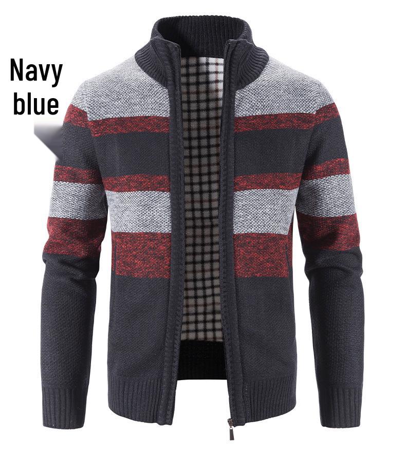 2024 Men's Stand Collar Color Block Plus Velvet Thick Sweater Jacket, Autumn/Winter Collection