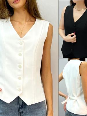 European-American 2025 Summer Women's V-Neck Sleeveless Cardigan Vest
