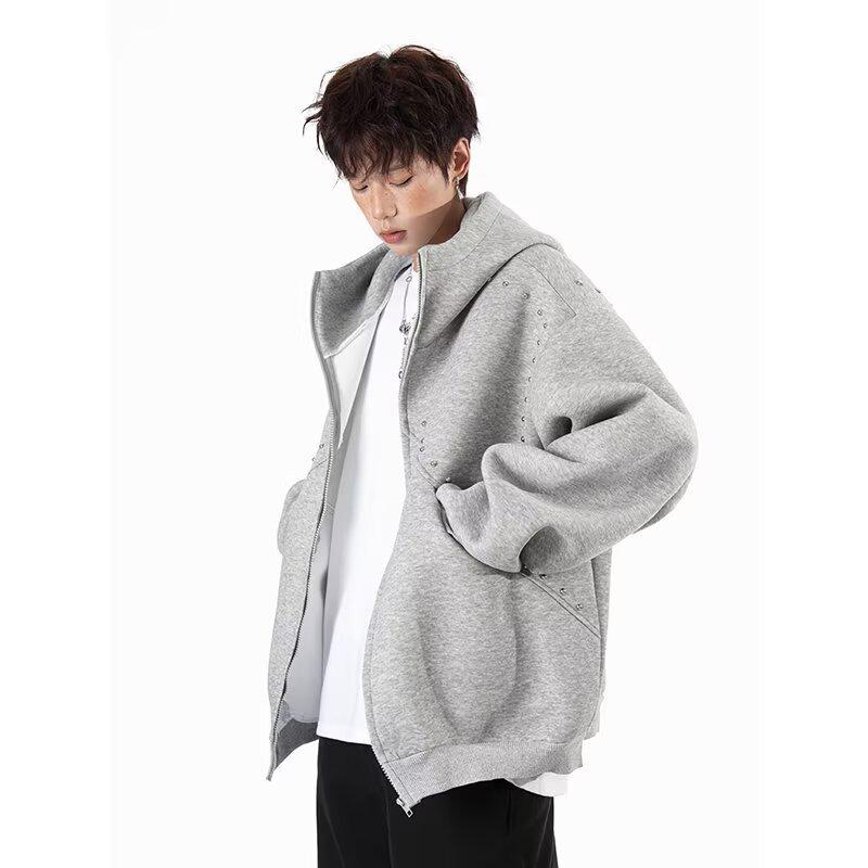 Men's Retro Rivet Hooded Cardigan: Trendy Autumn/Winter Streetwear Zipper Jacket with Plus Velvet